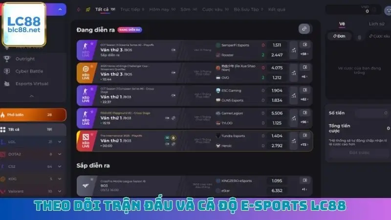 Theo dõi trận đấu và cá độ E-sports LC88